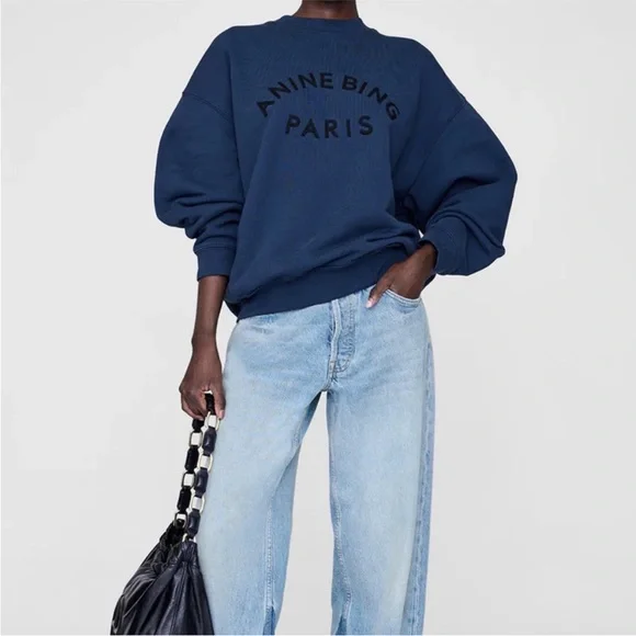 Anine Bing "Jaci" Washed Navy Black Paris Lettering Cotton Sweatshirt *Altered* - Picture 1 of 17